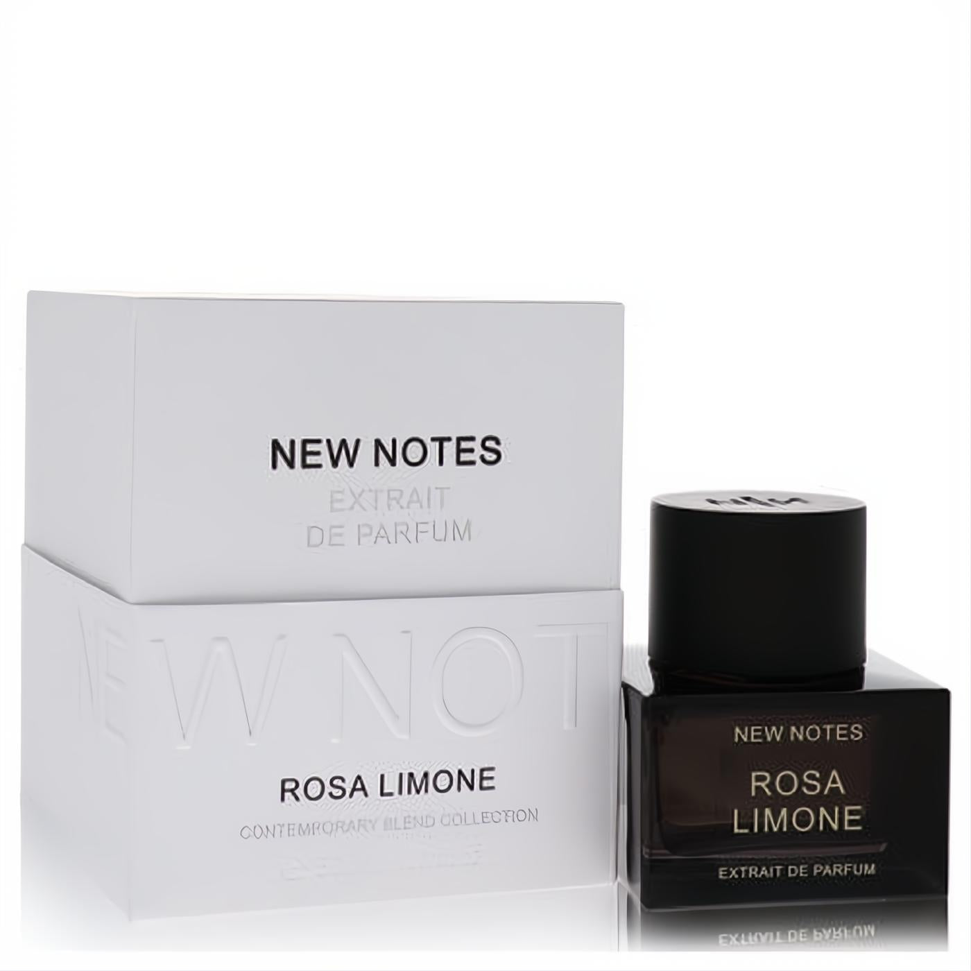 Elegant New Notes Rosa Limone Extrait De Parfum 1.7 oz spray. Dark glass bottle with black cap next to its crisp white box.