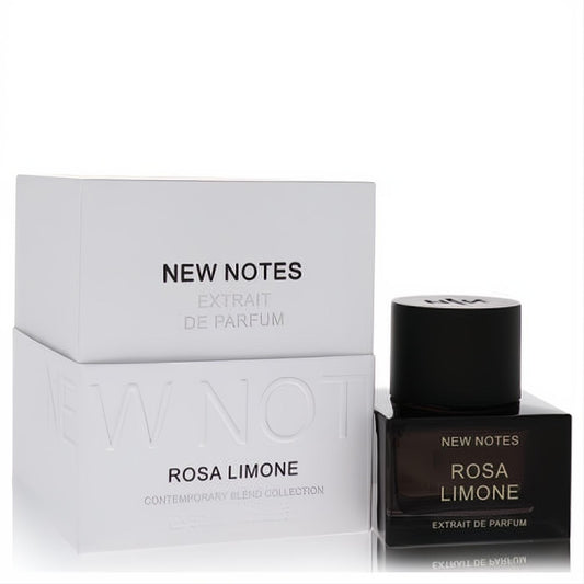 Elegant New Notes Rosa Limone Extrait De Parfum 1.7 oz spray. Dark glass bottle with black cap next to its crisp white box.