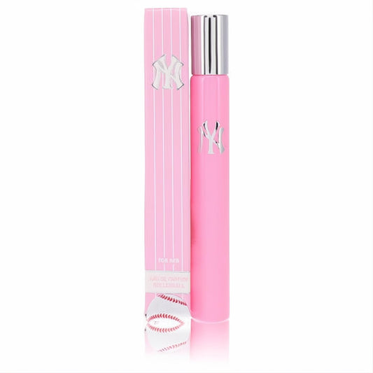 Vibrant pink New York Yankees .24 oz mini EDP rollerball, featuring a sleek silver cap and iconic logo for women.