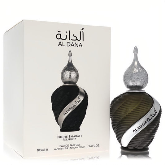 Niche Emarati Al Dana 3.4 oz unisex EDP. Elegant dark green ribbed glass bottle, ornate silver spire cap, and white box.