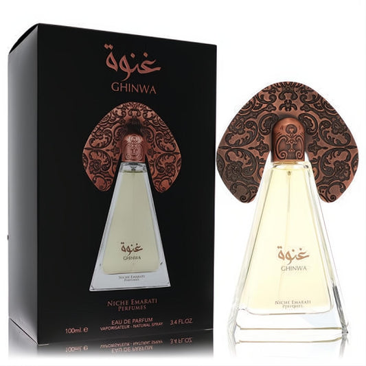 Niche Emarati Ghinwa by Lattafa unisex EDP. Elegant clear bottle, amber liquid, unique ornate bronze cap, black box. 3.4 oz.