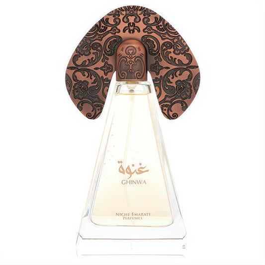 Niche Emarati Ghinwa 3.4 oz unisex perfume. Clear triangular bottle with a striking, ornate bronze cap featuring intricate dark filigree.