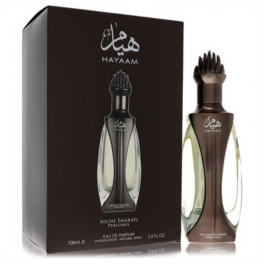 Exquisite Niche Emarati Hayaam 3.4 oz unisex EDP. Distinctive dark bronze bottle with clear glass and ornate cap, showcased with its elegant brown box.