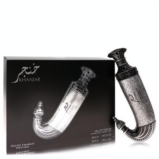 Niche Emarati Khanjar by Lattafa 2.8 oz EDP. Ornate silver dagger-shaped perfume bottle and elegant black box.