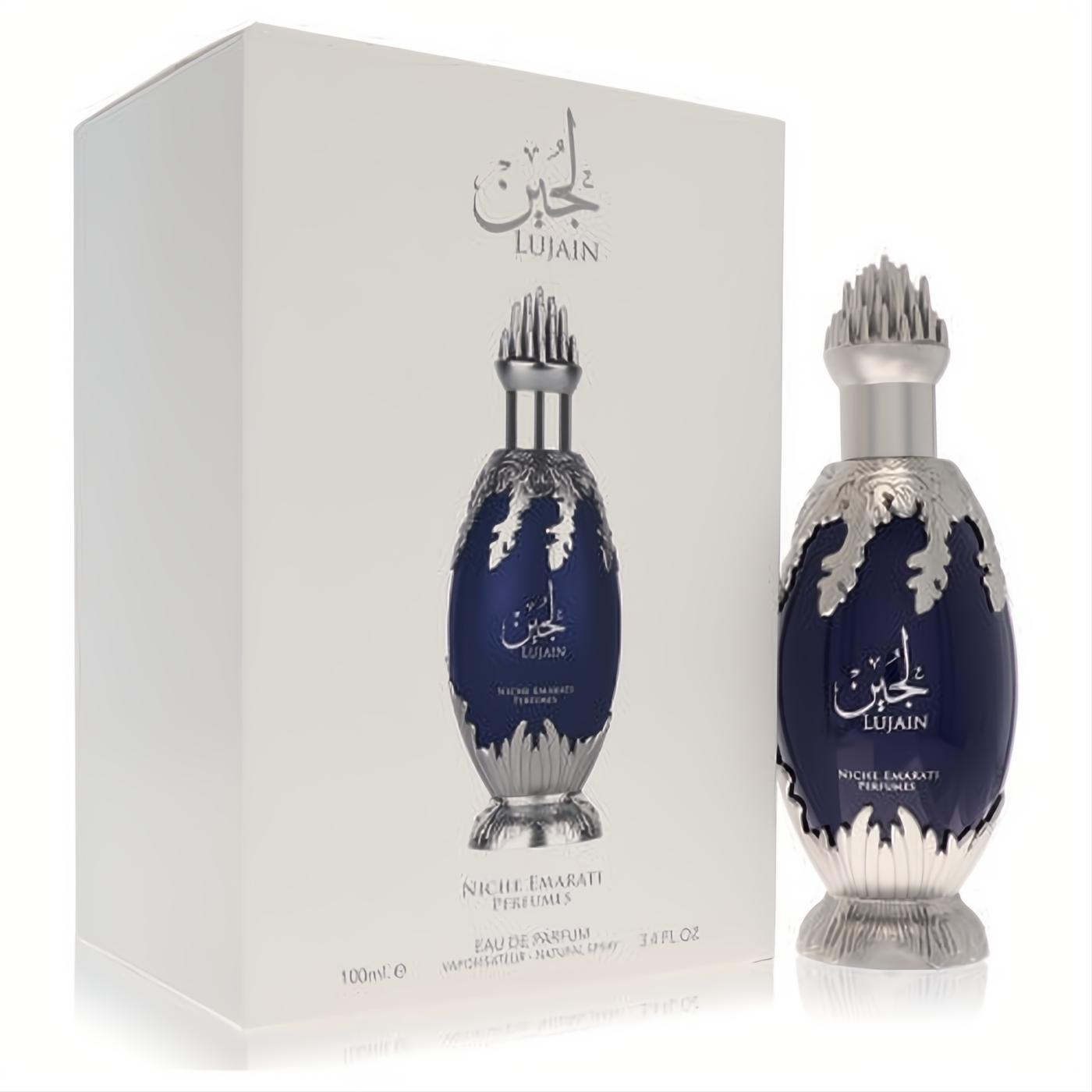 Exquisite Niche Emarati Lujain 3.4 oz unisex EDP. Features a luxurious navy blue bottle with ornate silver accents and spiky cap, with its white box.