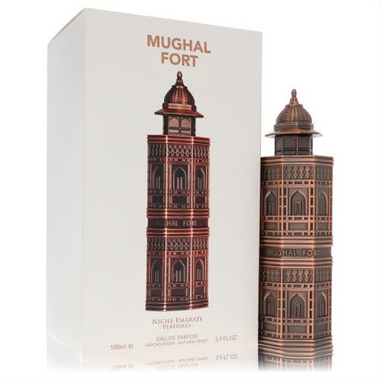 Niche Emarati Mughal Fort 3.4 oz unisex EDP. Distinctive bronze fort-design bottle with intricate details and elegant white box.