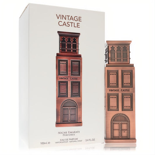 Niche Emarati Vintage Castle 3.4 oz unisex EDP. Distinctive copper-toned architectural bottle with intricate details.
