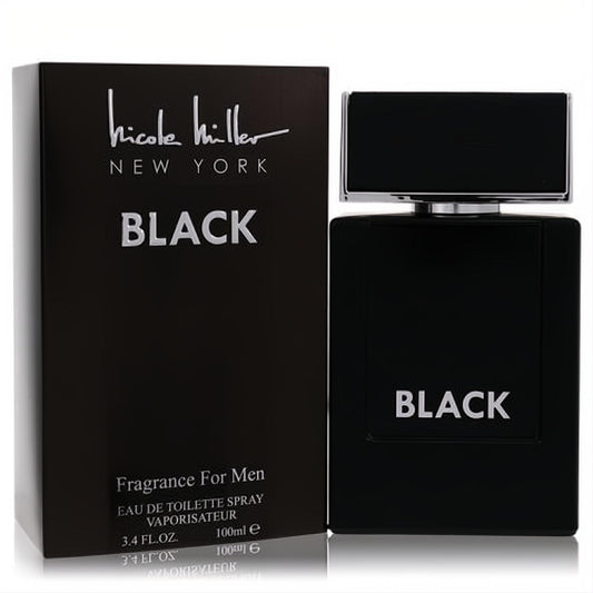Discover Nicole Miller Black Eau De Toilette spray for men, 3.4 oz. Sleek black glass bottle with silver cap.
