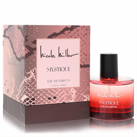 Elegant Nicole Miller Mystique 3.4 oz Eau De Parfum. Features a captivating red ombre bottle and a luxurious rose gold snakeskin box.