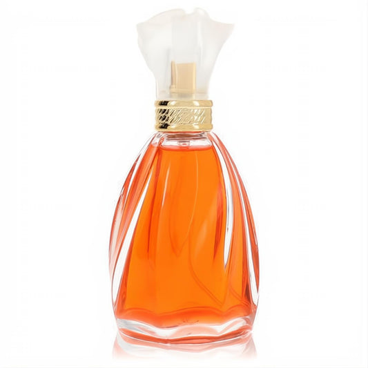 Stunning Nicole Miller 3.4 oz EDP spray. Curved glass bottle with vibrant orange fragrance, gold accent, and frosted petal cap.