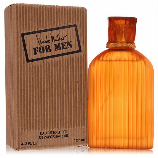 Nicole Miller For Men 4.2 oz EDT: captivating amber ribbed bottle and distinctive brown corrugated box.