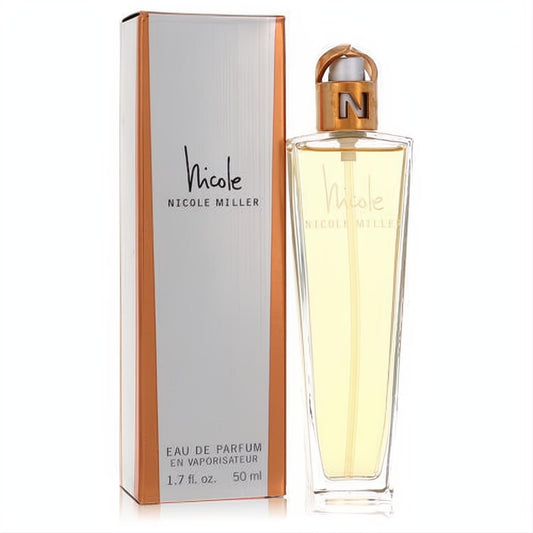 Elegant Nicole by Nicole Miller 1.7 oz Eau De Parfum spray. Clear glass bottle, gold 'N' cap, and stylish silver-bronze box.