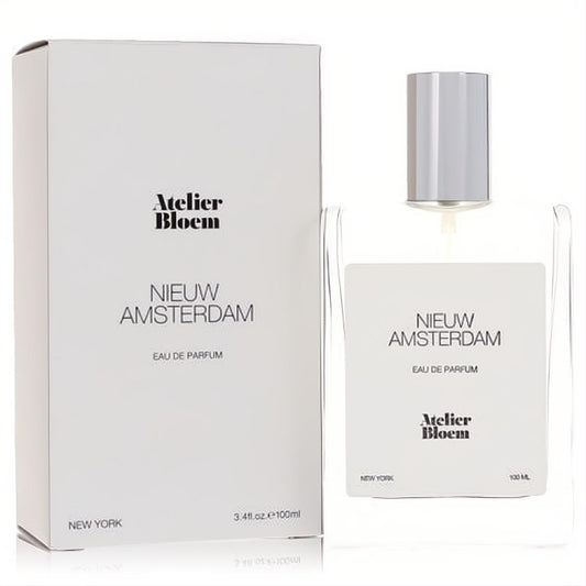 Elegant Nieuw Amsterdam by Atelier Bloem 3.4 oz unisex Eau De Parfum. Clear glass bottle, silver cap, and crisp white packaging.