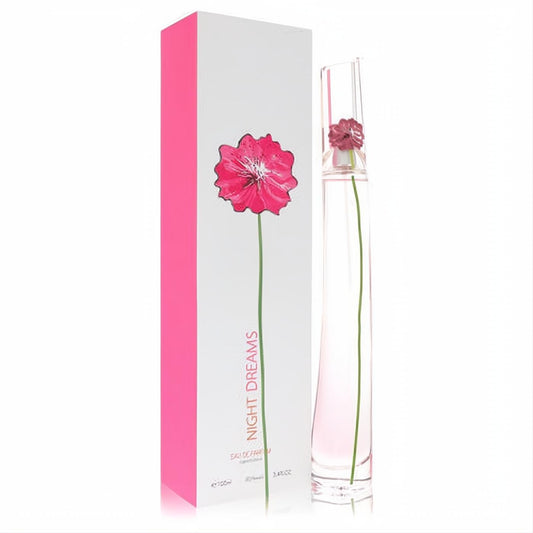 Night Dreams 3.4 oz women's eau de parfum. Elegant clear glass bottle with a pink flower inside, beside a vibrant floral box.