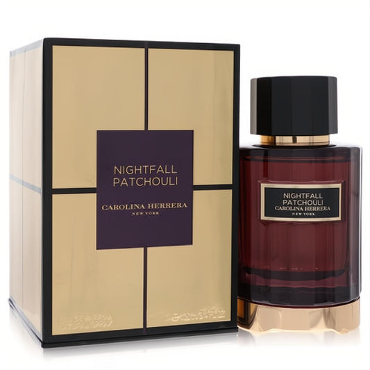 Iconic Carolina Herrera Nightfall Patchouli unisex EDP. Dark red glass bottle, black cap, gold base, and elegant gold box.