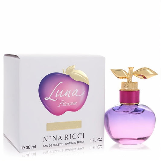 Nina Ricci Luna Blossom 1 oz EDT spray. Captivating purple apple bottle with gold leaf cap, presented with its elegant white box.