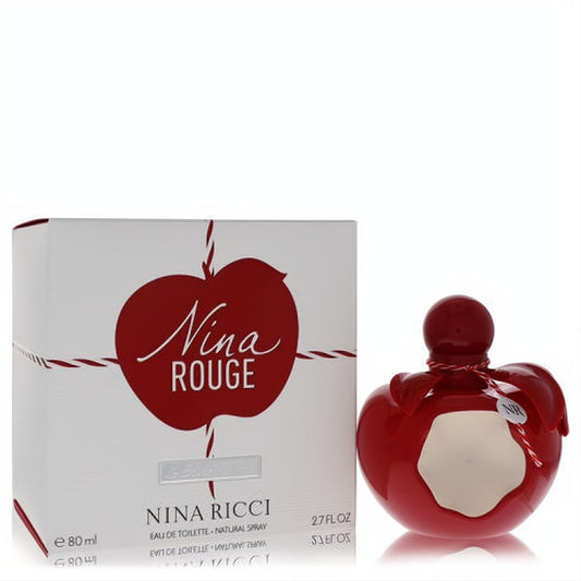 Vibrant red apple-shaped Nina Rouge by Nina Ricci 2.7 oz Eau De Toilette bottle and elegant white box.