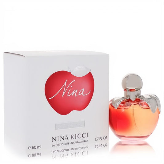 Nina Ricci Nina 1.7 fl oz EDT. Captivating apple-shaped bottle with red-orange liquid, silver accents, and a matching white box.