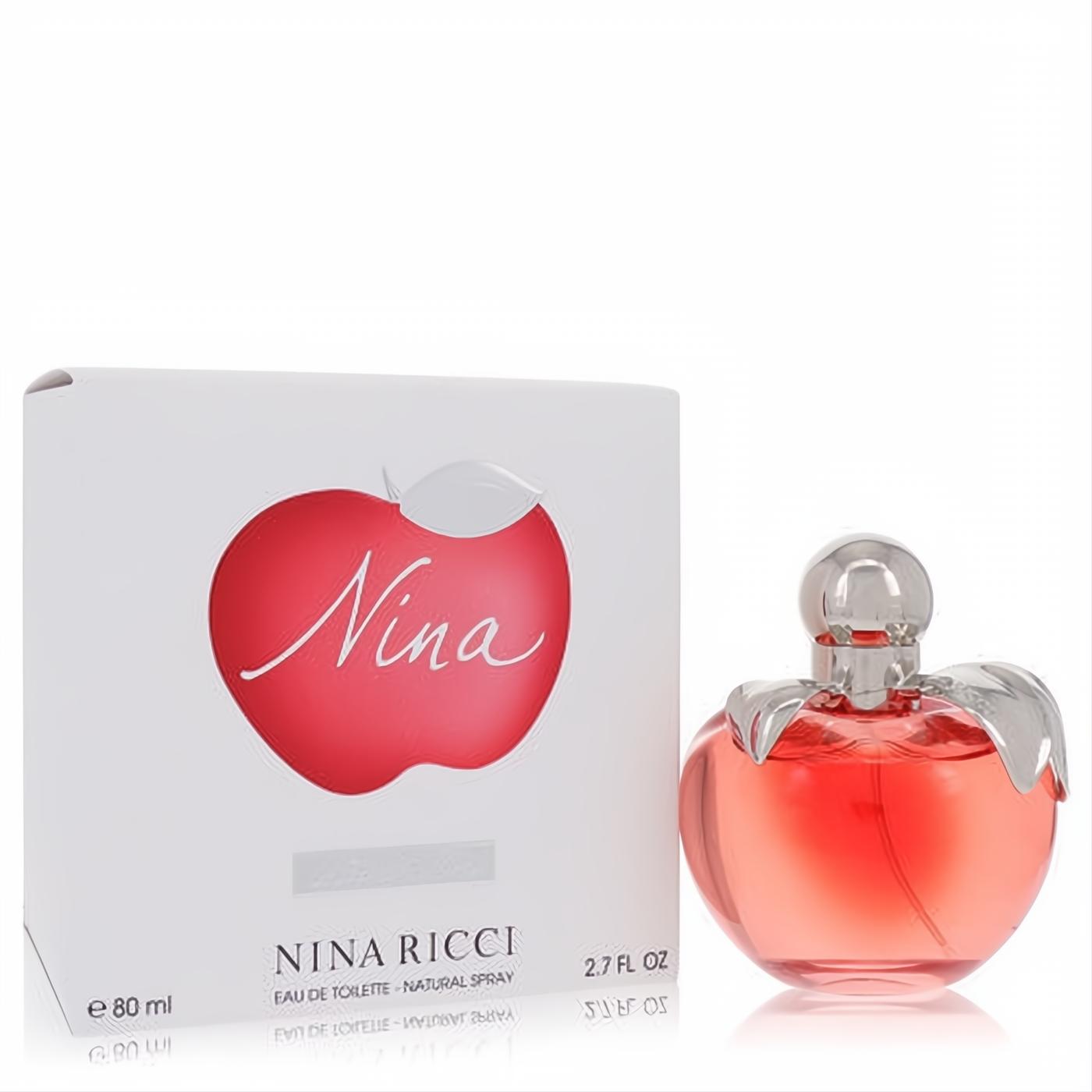 Charming Nina Ricci Nina 2.7 oz Eau De Toilette. Apple-shaped bottle with pink fragrance, silver details, and elegant white box.