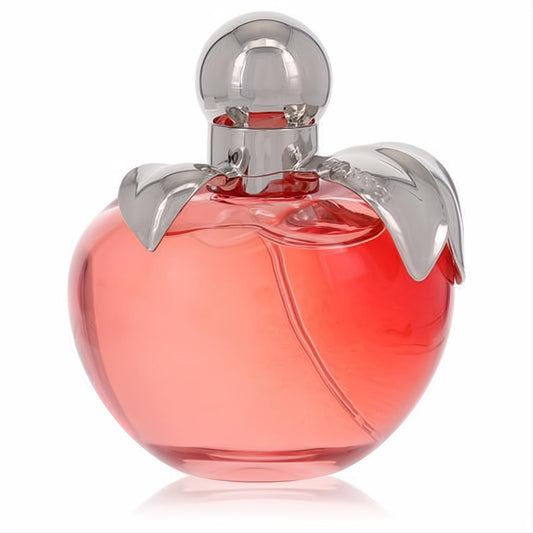 Nina by Nina Ricci 2.7 oz women's perfume: a charming apple-shaped bottle with radiant pink fragrance and elegant silver leaves.
