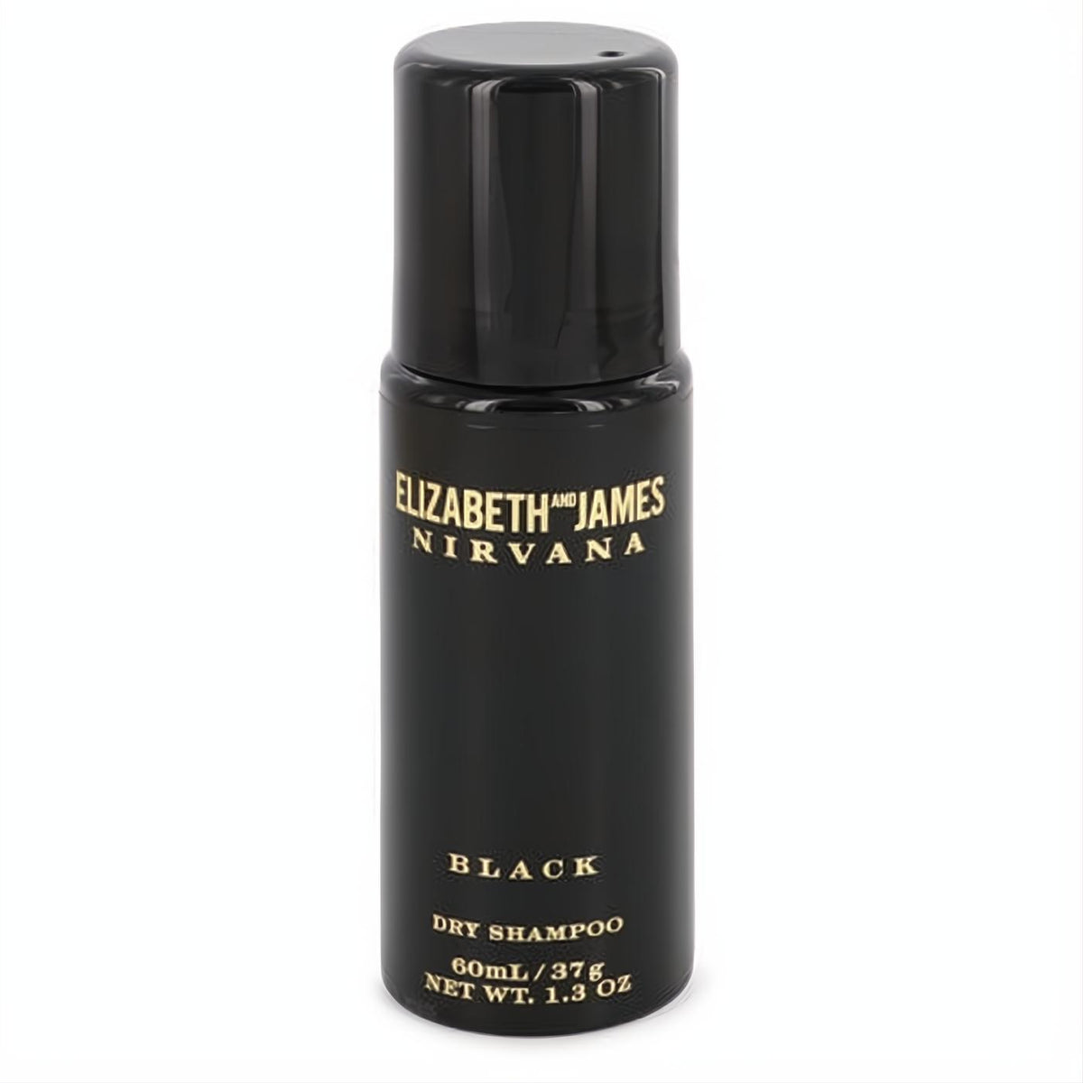 Sleek matte black Elizabeth and James Nirvana Black Dry Shampoo 1.3 oz bottle. Features elegant gold lettering and a glossy cap.