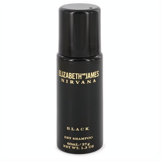 Sleek matte black Elizabeth and James Nirvana Black Dry Shampoo 1.3 oz bottle. Features elegant gold lettering and a glossy cap.