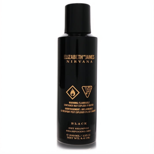 Luxurious Elizabeth and James Nirvana Black Dry Shampoo. Chic matte black 4.4 oz bottle with elegant gold branding.