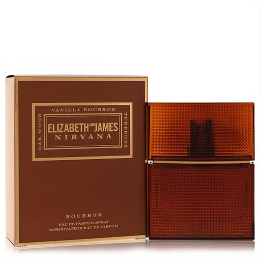 Elegant Elizabeth and James Nirvana Bourbon 1 oz EDP spray in a rich amber textured glass bottle, beside its luxurious brown and gold box.