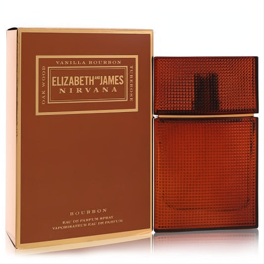 Elizabeth and James Nirvana Bourbon EDP. Rich brown box with gold accents, beside a textured amber glass spray bottle.
