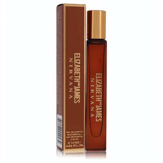Discover Elizabeth and James Nirvana Bourbon .34 oz women's rollerball EDP. Sleek amber bottle, gold cap, and elegant brown box.