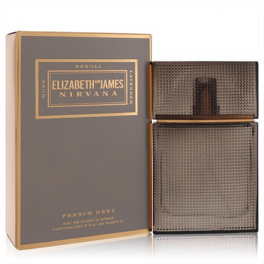 Nirvana French Grey unisex EDP: elegant dark grey textured glass bottle with gold accents, next to its matching grey and gold box.