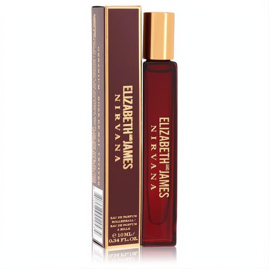 Luxurious Elizabeth and James Nirvana Rose 0.34 oz mini rollerball perfume. Deep red bottle, chic gold cap.