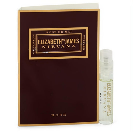 Elizabeth and James Nirvana Rose .07 oz perfume sample vial, clear with gold branding, alongside a luxurious dark red and gold discovery card.