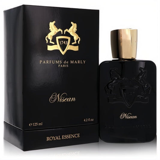 Nisean Parfums De Marly 4.2 oz EDP. Luxurious black bottle with gold cap, embossed crest, and elegant matching box.