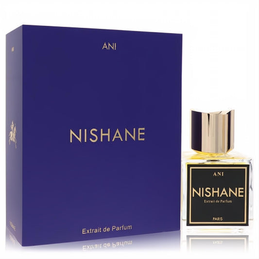 Elegant Nishane Ani 3.4 oz unisex fragrance. Dark blue box and clear glass bottle with luxurious gold accents and cap.