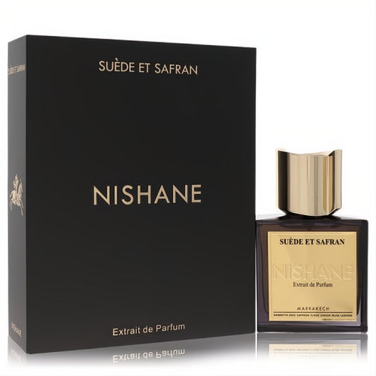 Sophisticated Nishane Suede et Saffron Extrait de Parfum bottle, dark glass with gold accents, next to its elegant black box.