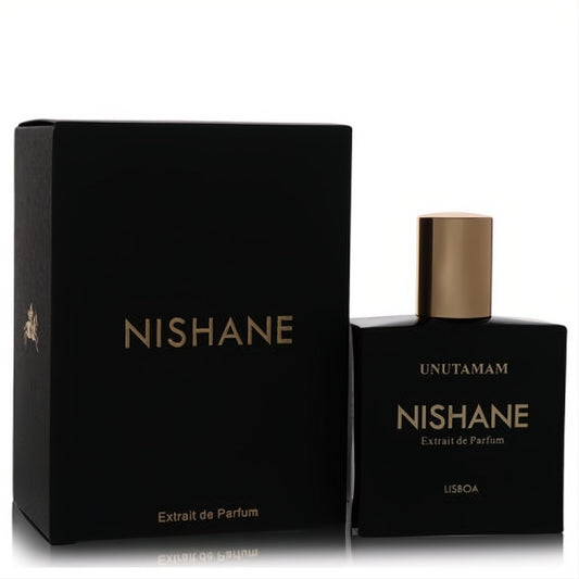 Nishane Unutamam Extrait de Parfum: elegant black bottle with gold cap and lettering, presented with its matching box.