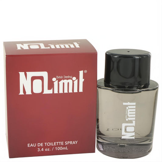 No Limit by Dana 3.4 oz Eau De Toilette for men. Modern clear glass bottle with dark liquid, black cap, and bold red box.