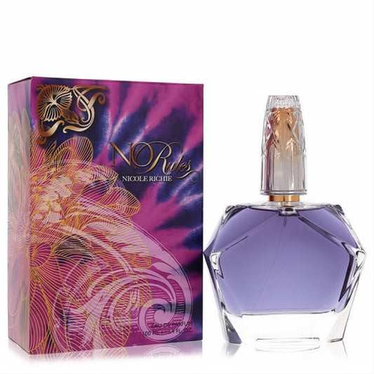 No Rules Nicole Richie 3.4 oz Eau De Parfum. Dazzling faceted purple glass bottle, gold cap. Bold tie-dye box with ornate gold floral patterns.