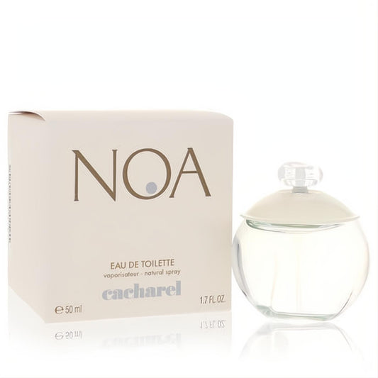 Noa by Cacharel 1.7 oz Eau De Toilette. Elegant clear glass orb bottle with cream cap, presented with its branded cream box.