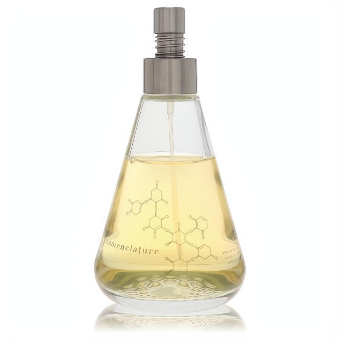 Nomenclature Efflor Esce perfume: a unique clear glass conical bottle with light yellow liquid, chemical diagrams, and sleek silver cap.