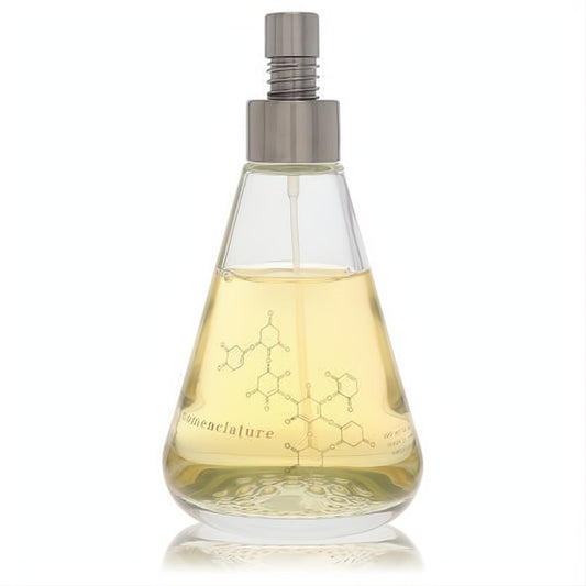 Nomenclature Efflor Esce perfume: a unique clear glass conical bottle with light yellow liquid, chemical diagrams, and sleek silver cap.