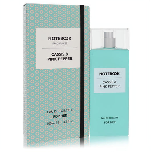 Notebook Cassis & Pink Pepper 3.4 oz EDT for women. Vibrant turquoise bottle and stylish patterned box.