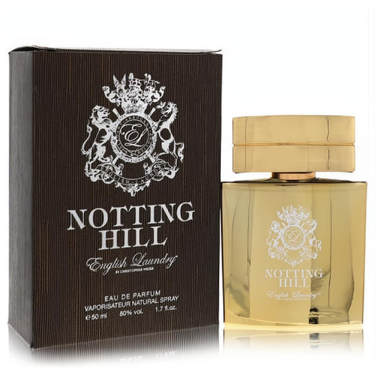 Notting Hill English Laundry 1.7 oz men's EDP. Striking gold bottle with crest design and elegant brown box.