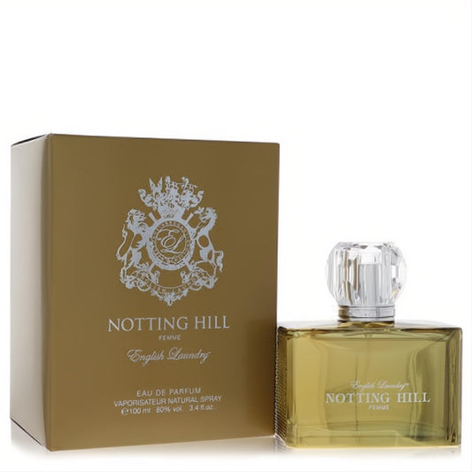 Elegant Notting Hill by English Laundry 3.4 oz women's EDP. Golden liquid in a clear bottle with faceted cap and matching gold box.