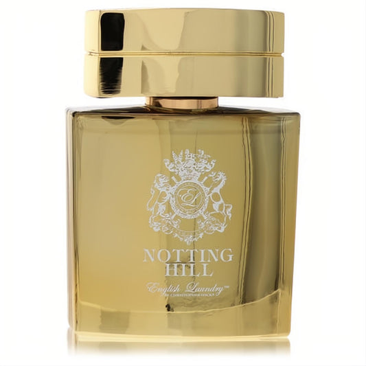 Discover Notting Hill English Laundry men's cologne. Elegant golden glass bottle with a prominent white crest and gold cap.
