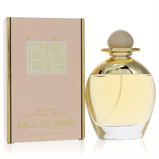 Nude by Bill Blass 3.4 oz cologne spray. Elegant curved glass bottle with a luxurious gold cap and matching nude-gold box.