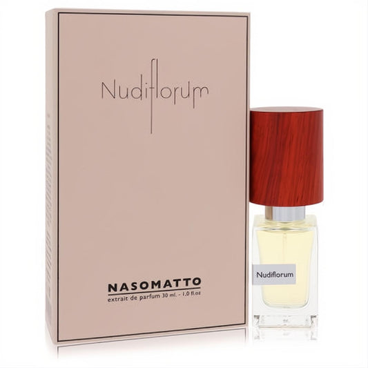 Discover Nasomatto Nudiflorum 1 oz extrait de parfum: clear bottle with amber liquid, unique reddish-brown wood cap, and elegant pink box.
