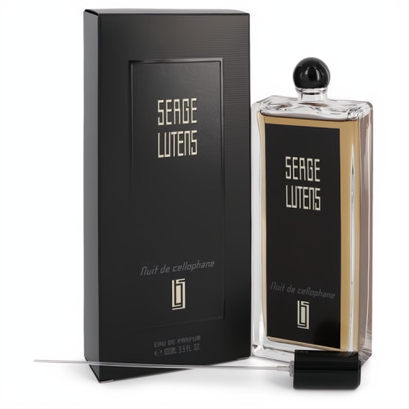Luxurious Serge Lutens Nuit De Cellophane 3.3 oz unisex Eau De Parfum spray. Clear glass bottle, black label, golden liquid, and black box.