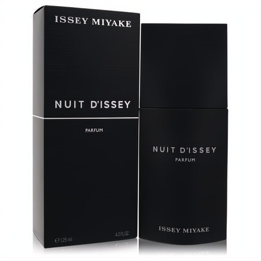 Issey Miyake Nuit D'issey 4.2 oz men's Eau De Parfum. Sleek black bottle and matching box, perfect for a captivating scent.